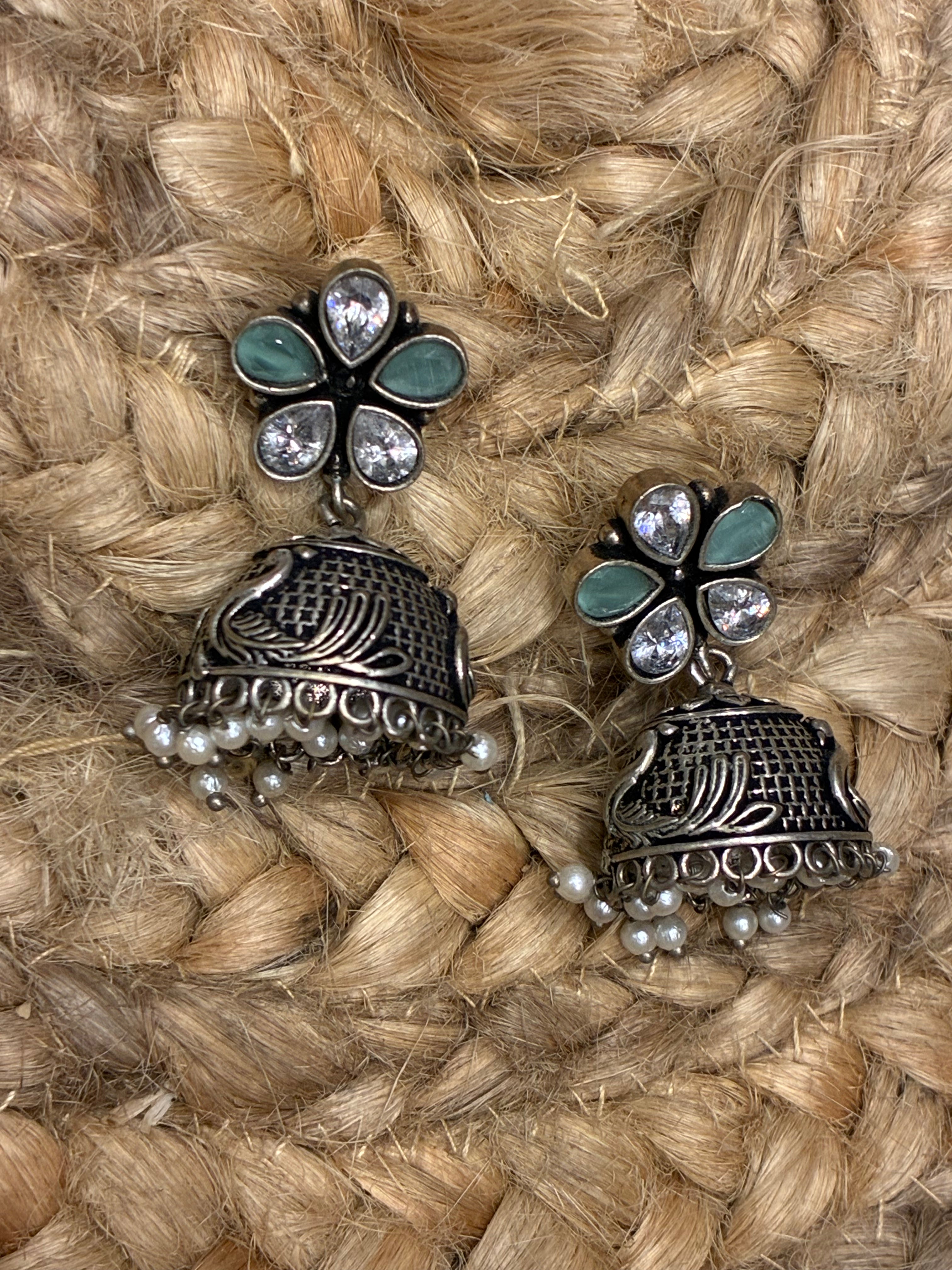 Silver Replica Floral pearl beads jhumka with sea green and white glass stones