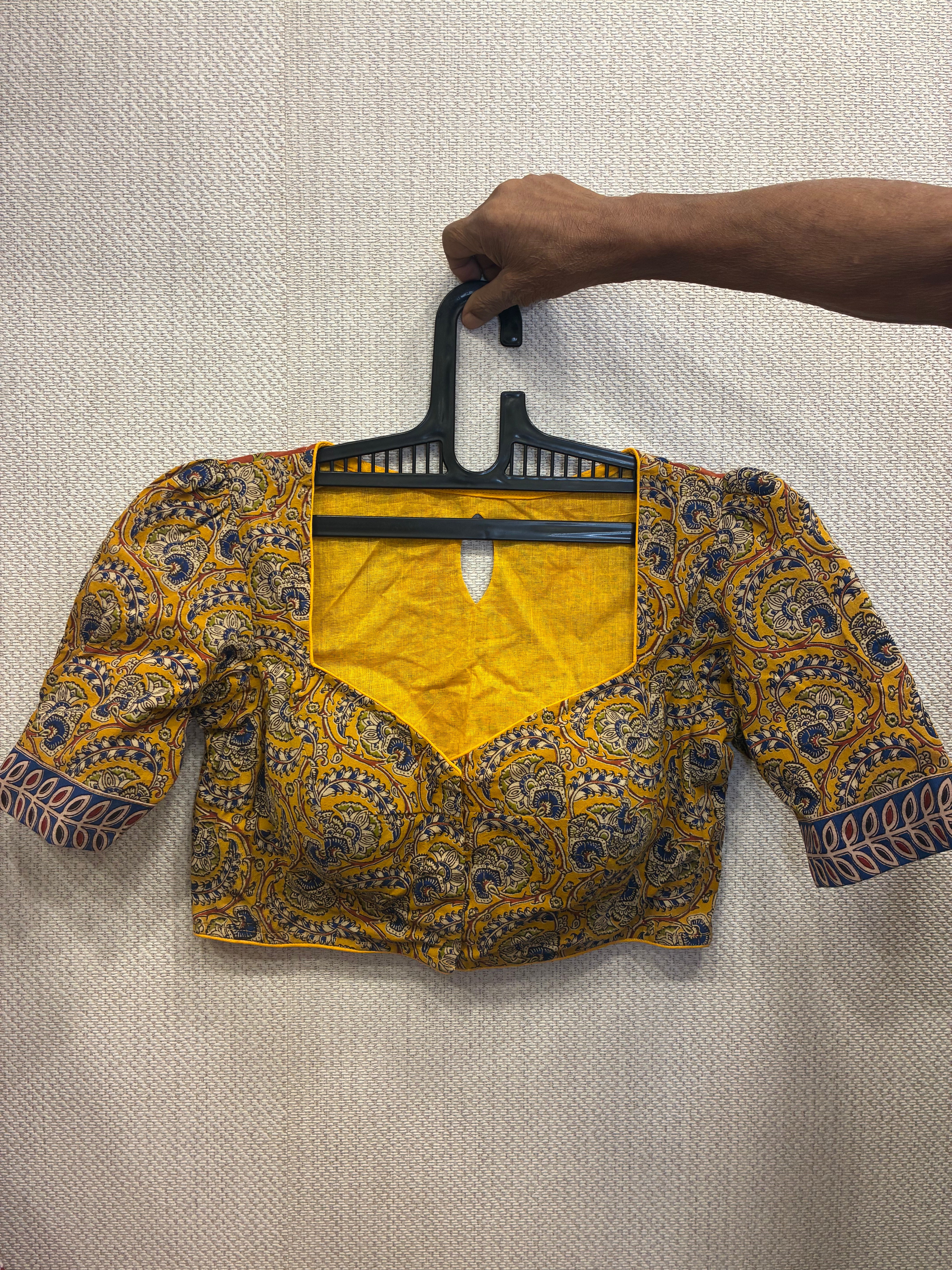 Yellow Kalamkari puff sleeves blouse