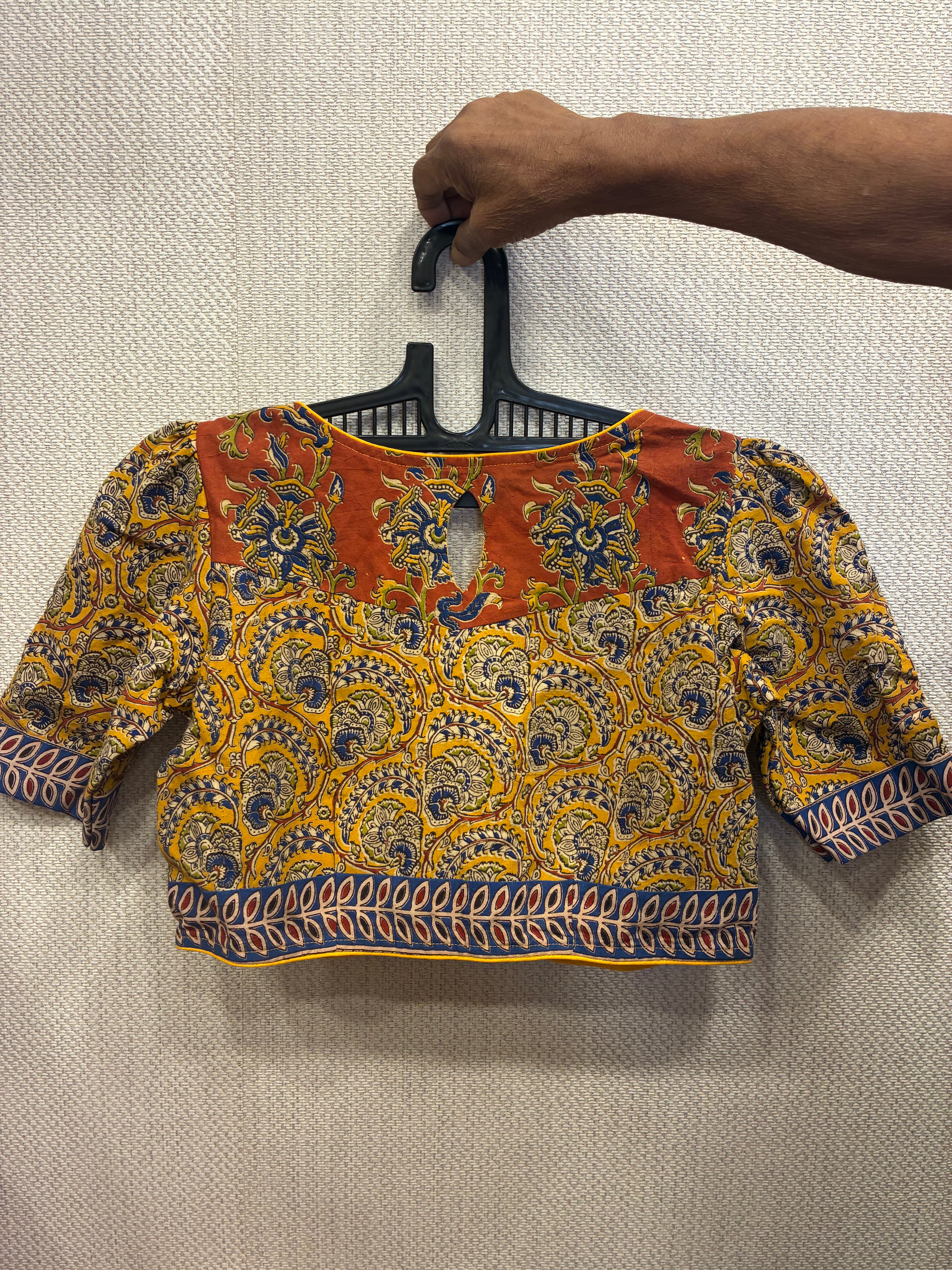 Yellow Kalamkari puff sleeves blouse