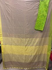 Snuff colour handloom cotton saree with yellow and green borders and ghicha pattern anchol + extra blouse piece