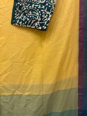 Yellow handloom cotton saree with green-red borders + extra blouse piece