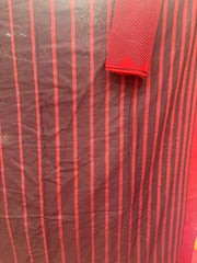 Black-red dual tone handloom cotton saree with red and grey borders + extra blouse piece