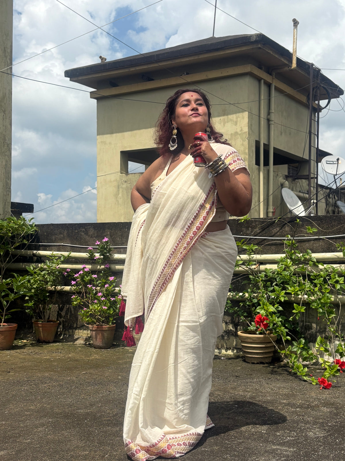 Gold Maroon border off white "Festive Edit" mul cotton saree - Coco Cola saree