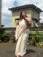 Gold Maroon border off white "Festive Edit" mul cotton saree - Coco Cola saree