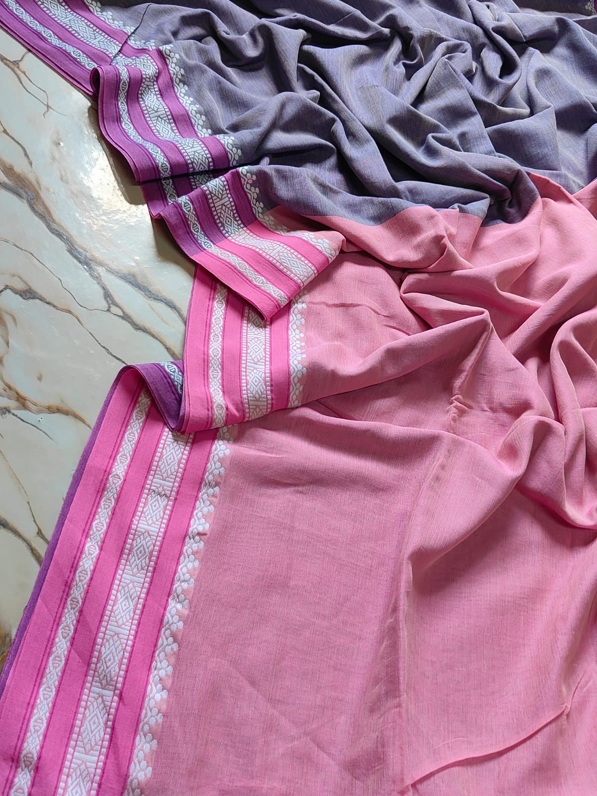Pink white nakshi bordered dual tone (violet-cream) body mercerised cotton saree (soft pink pallu and bp)