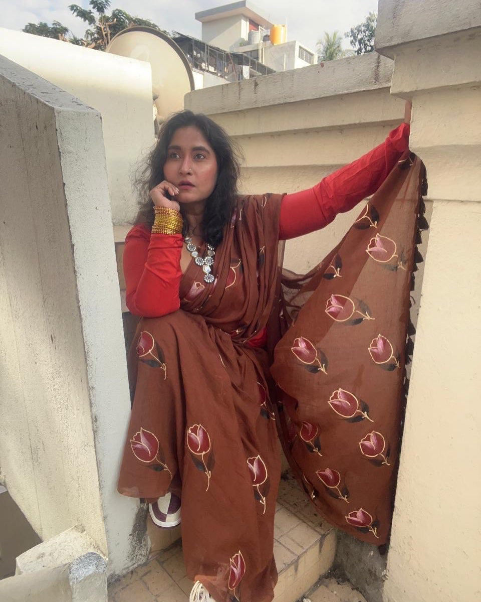 Single tulip hand painted mul cotton saree