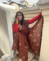Single tulip hand painted mul cotton saree
