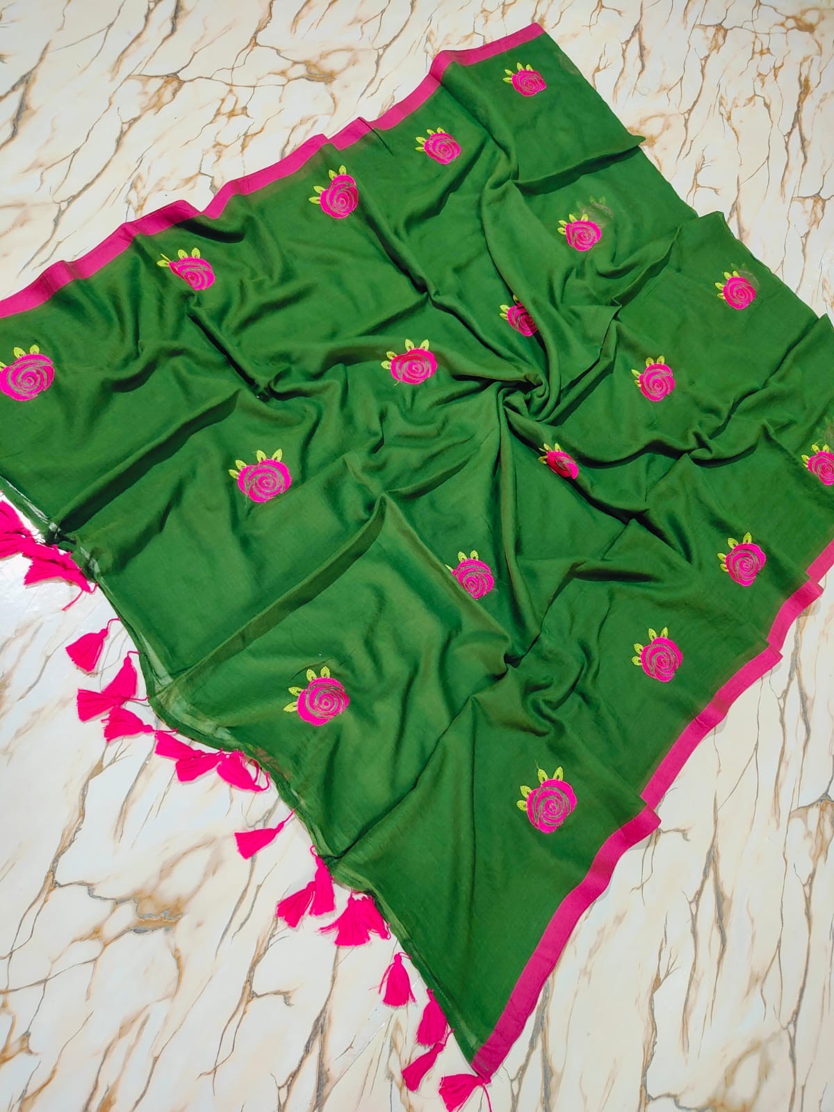 New Rose embroidered mul cotton saree