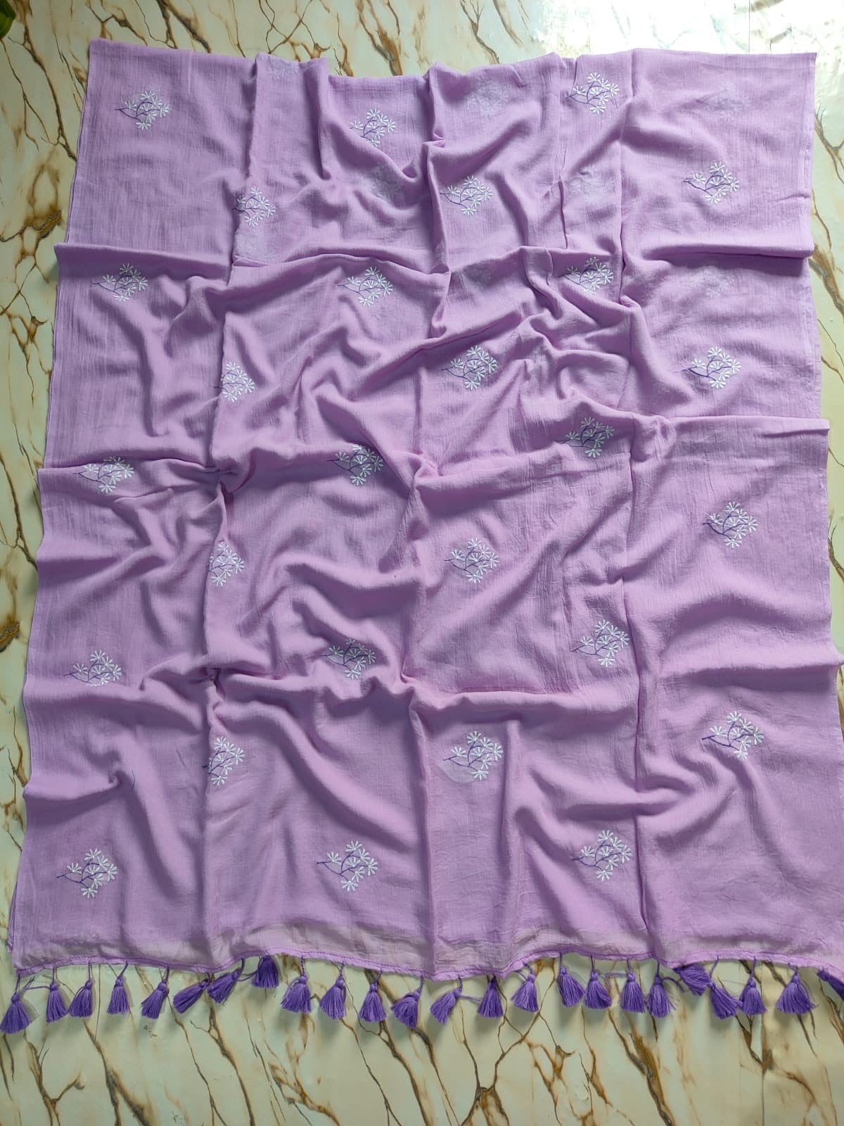 White floral embroidered Lavender mul cotton saree