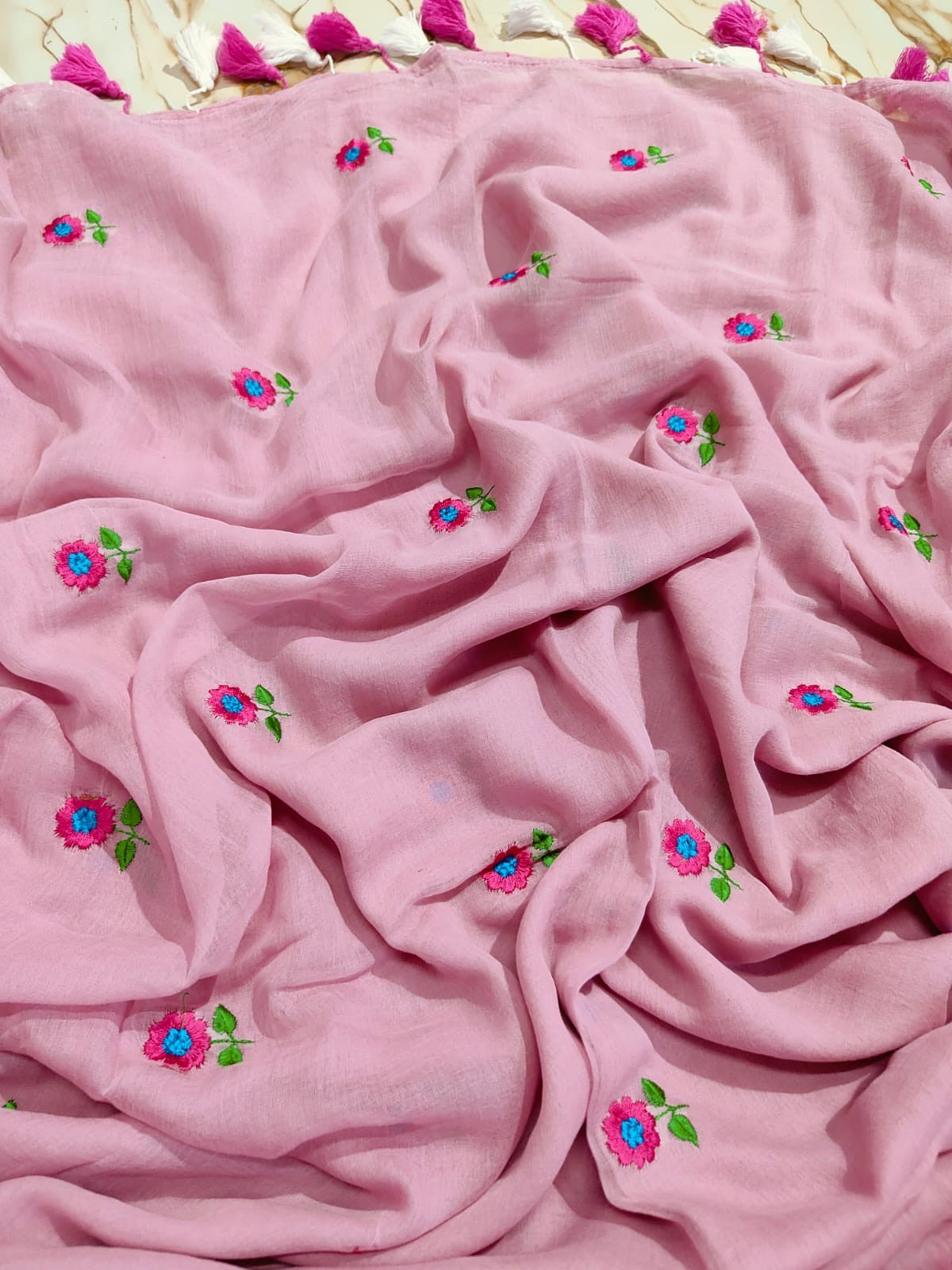 Pink floral embroidered blush pink mul cotton saree