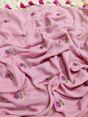 Pink floral embroidered blush pink mul cotton saree