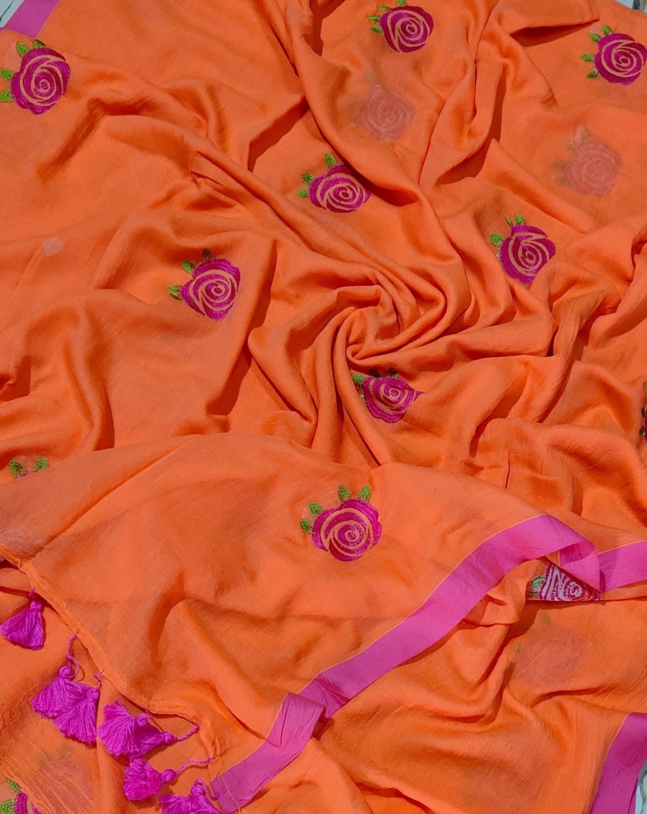 New Rose embroidered mul cotton saree