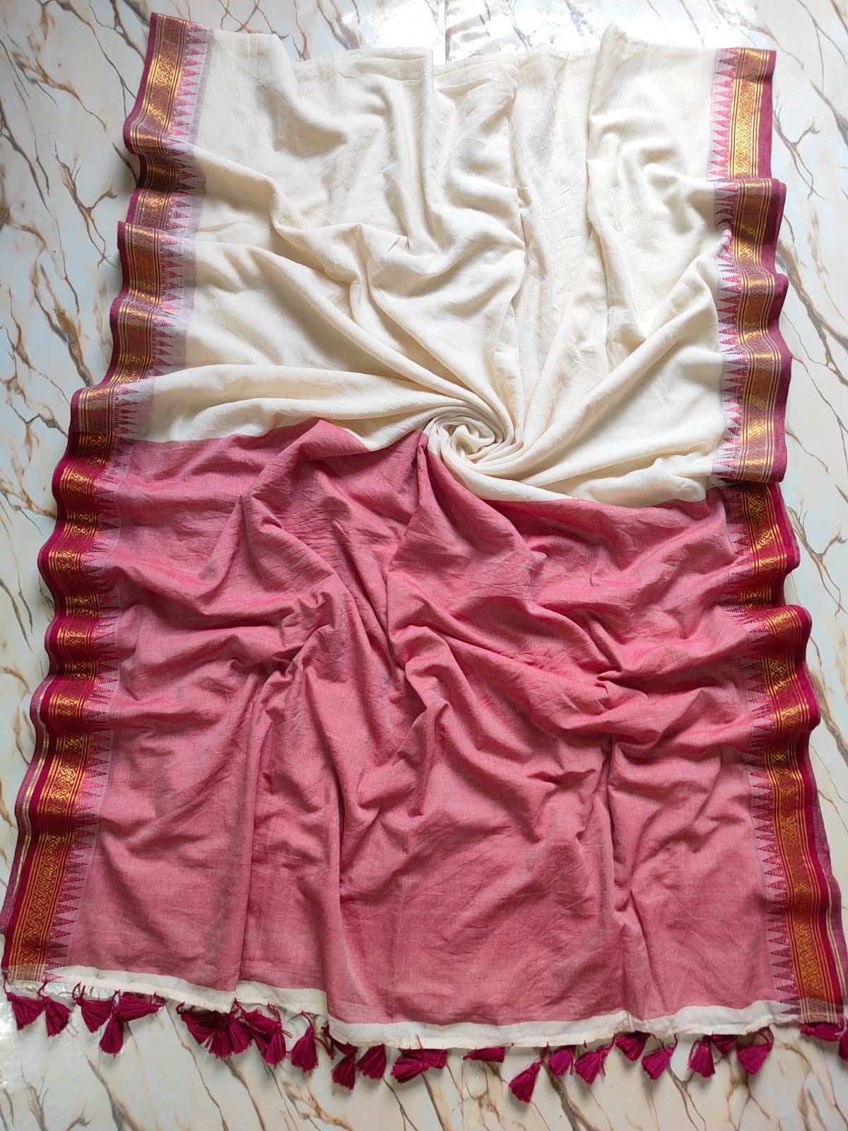 Gold red border off white "Festive Edit" mul cotton saree